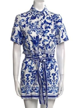 Caroline Constas White and Blue Printed Linen Romper with Tie Belt Small NWT